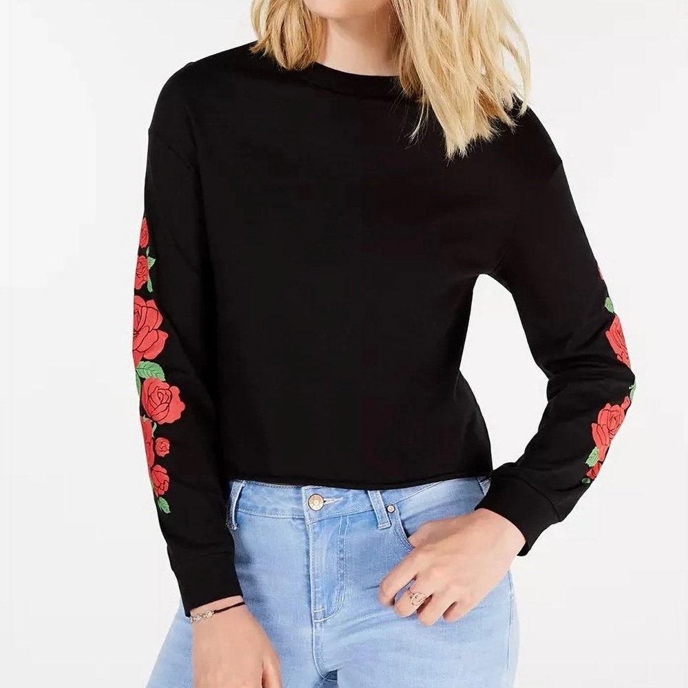 Rebellious One Black Long Sleeve Shirt Small Graphic Floral‎ Tee Streetwear